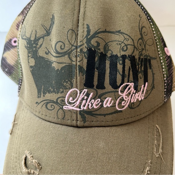 Buckwear Hunt Like a Girl! Pink Green Camo Baseball Hat Cap Deer Antlers Hunting - Picture 4 of 8